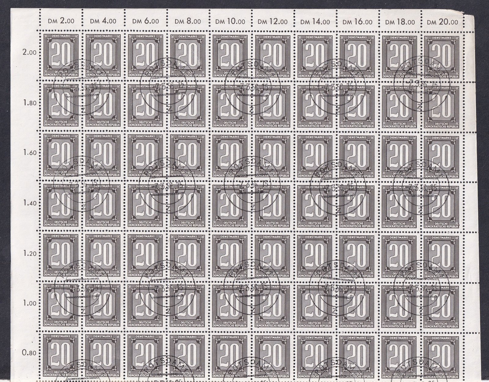 1956. NDK, 20pf teljes bélyegzett ív