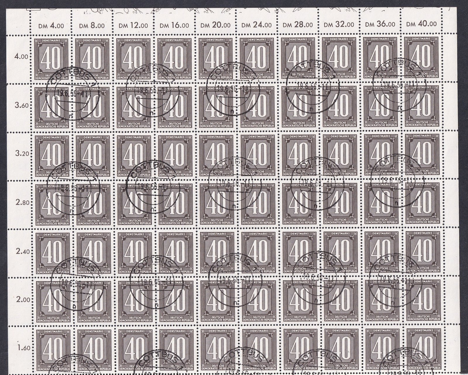 1956. NDK, 40pf teljes bélyegzett ív