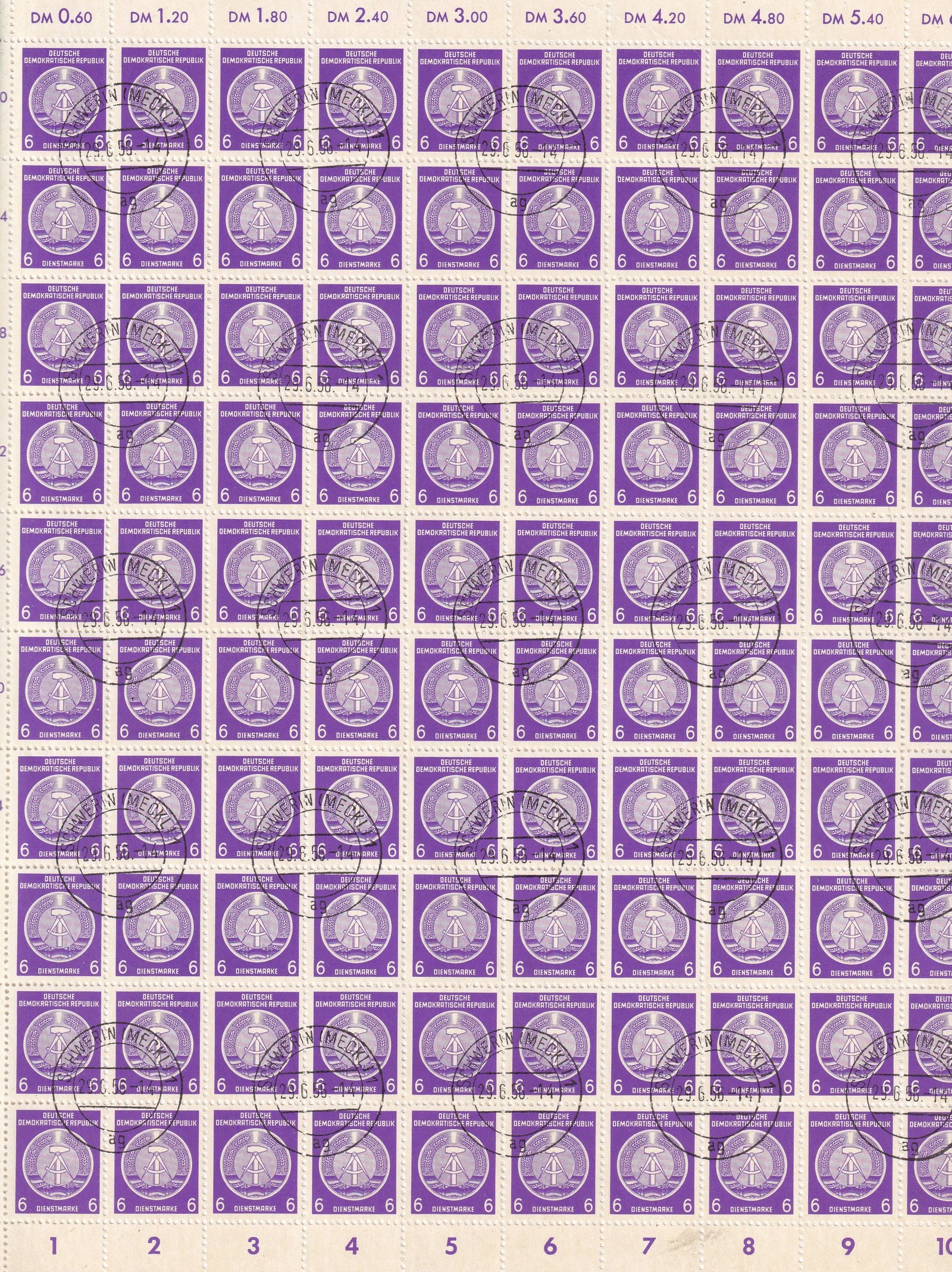 1957. NDK, 6pf teljes bélyegzett ív