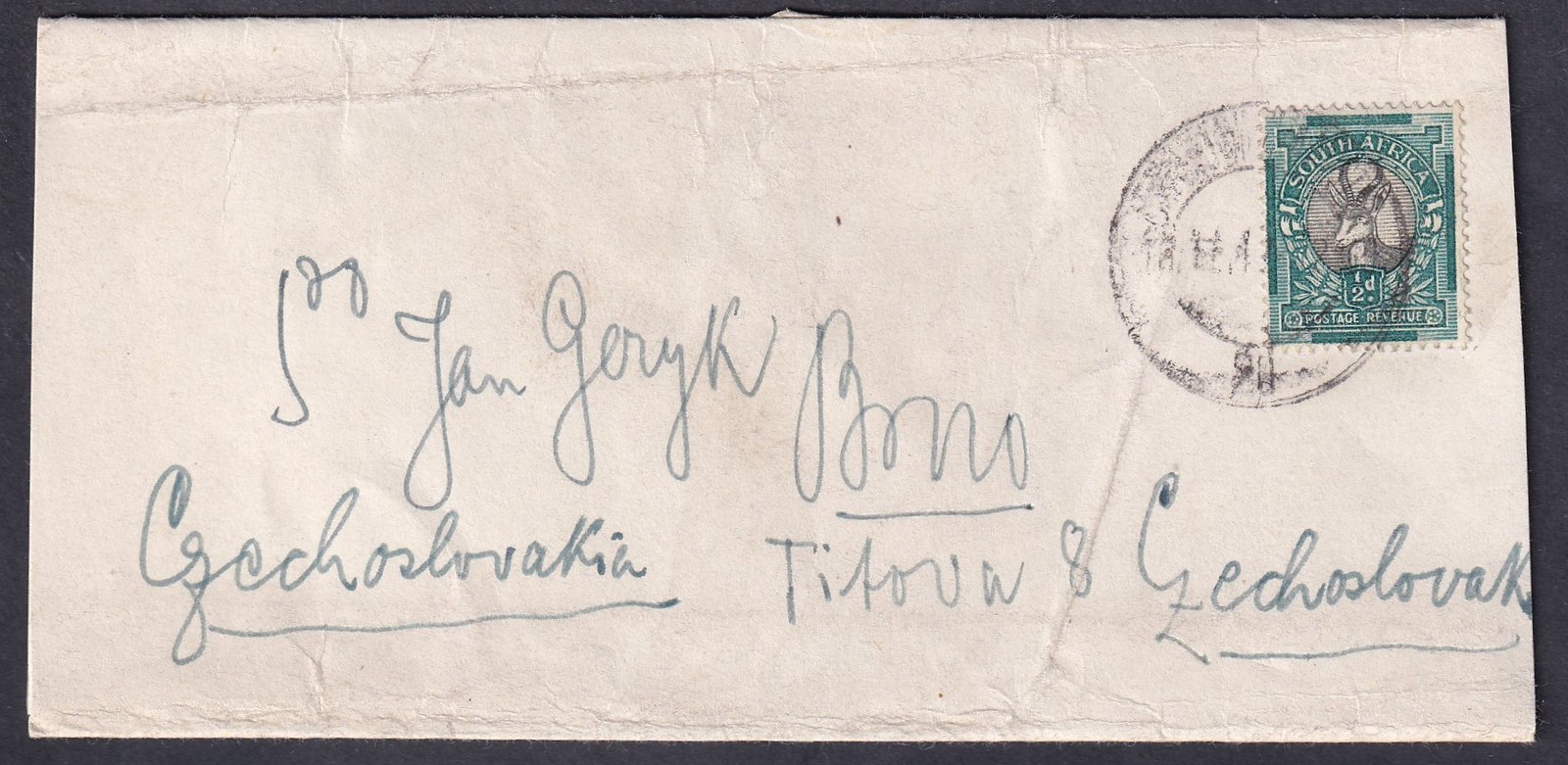 1925 (?) Dél-Afrika, Csehszlovákiába feladott levél