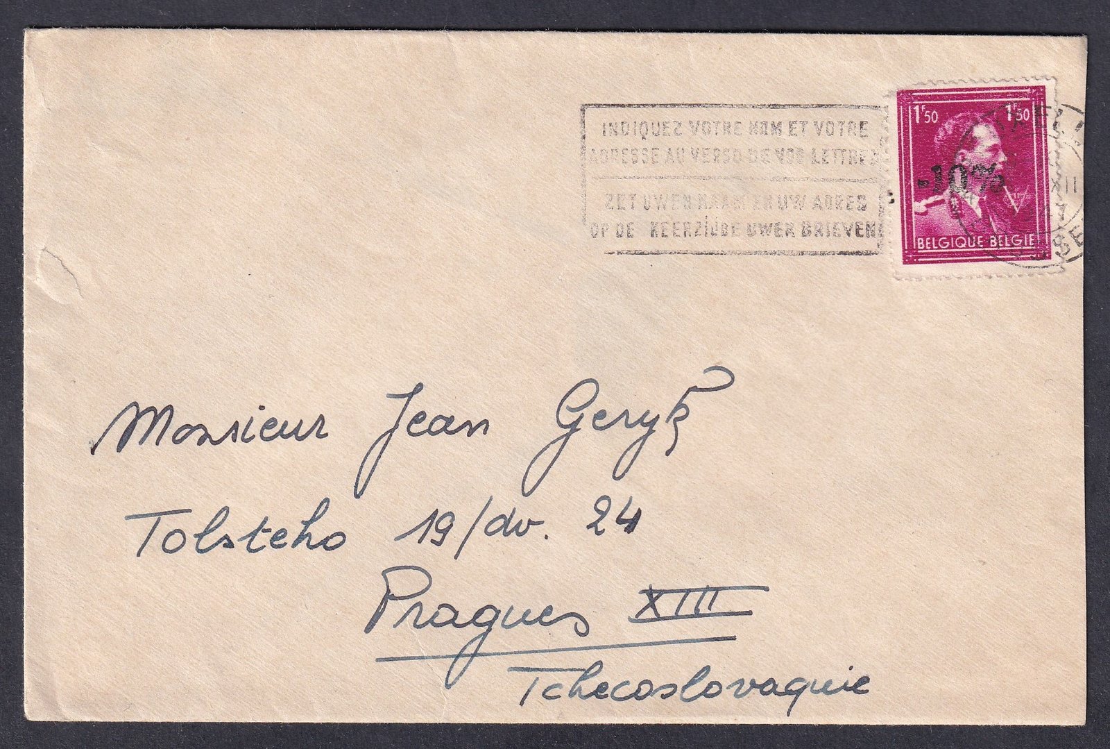 1947. Belgium, Csehszlovákiába reklámbélyegzéssel feladott levél - 1,50F bélyegen "10%" jótékonysági felülnyomással