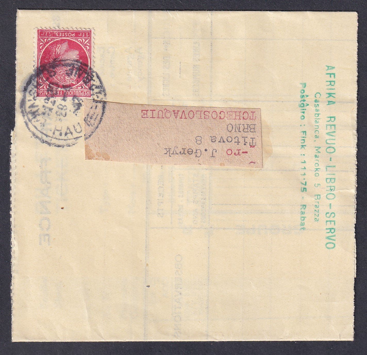 Nyomtatvány keresztkötés (címszalag) Franciaországból Csehszlovákiába küldve