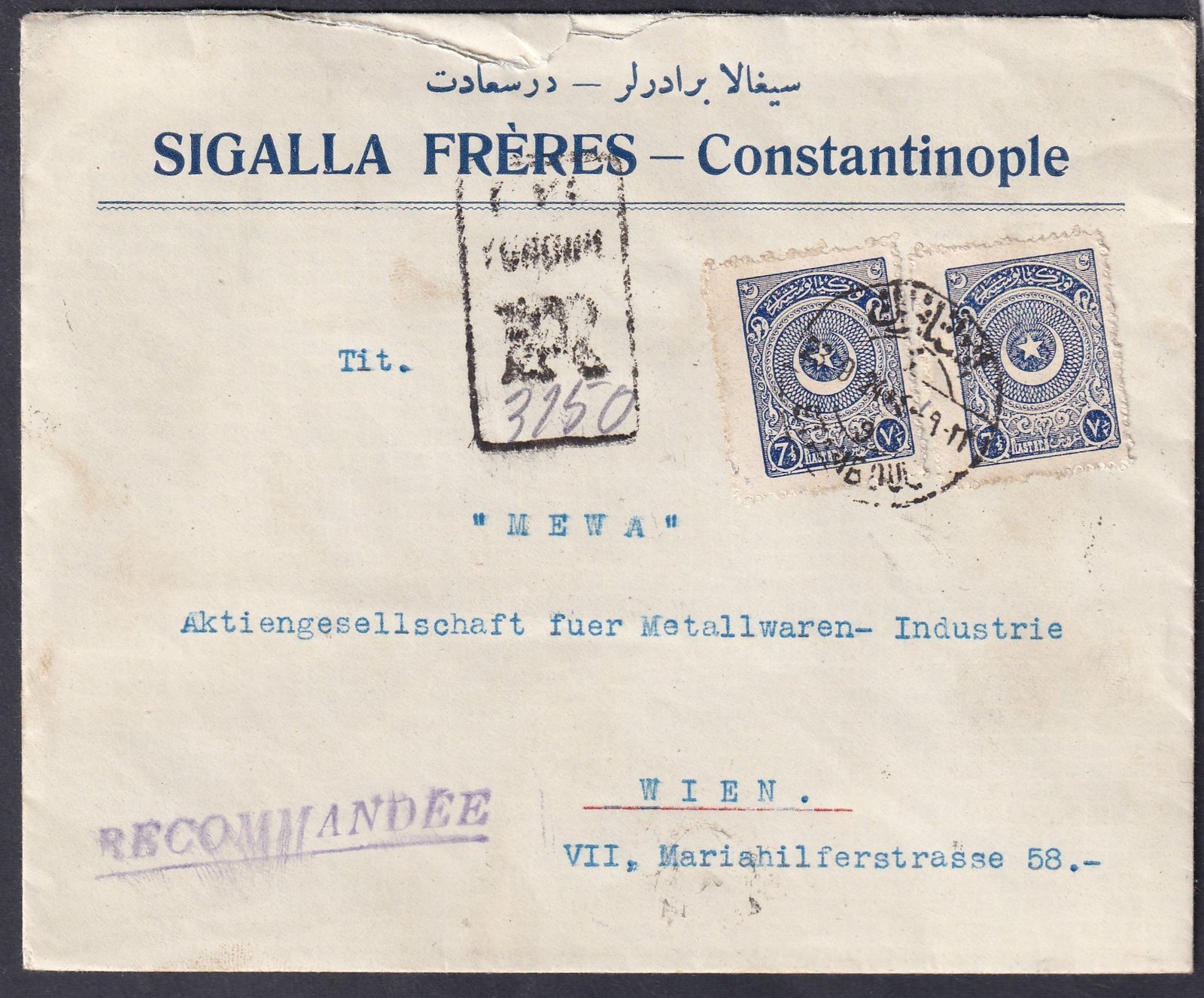 1923.Törökország, Ausztriába feladott ajánlott levél