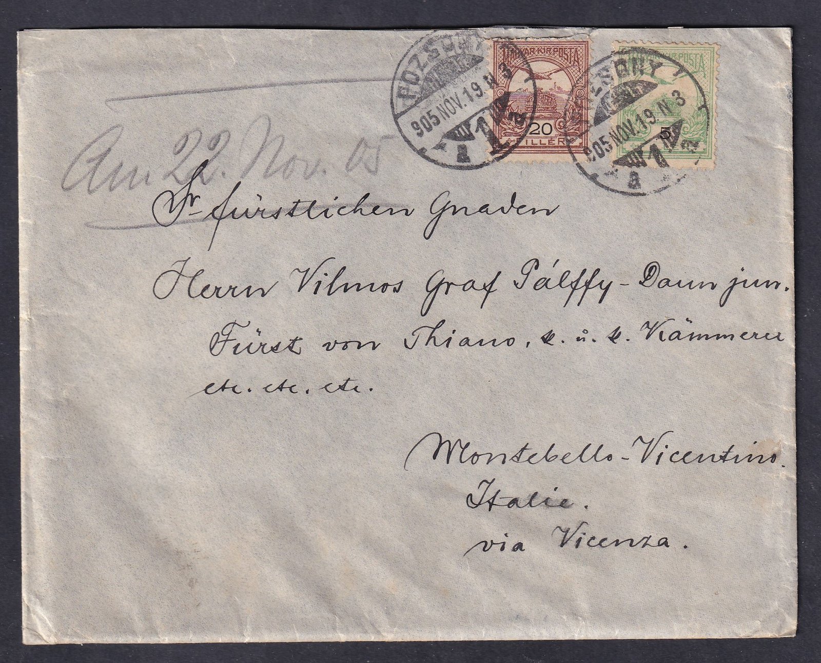 1905. Pozsony, Montebello Vicentino, (Olaszország)-ba feladott levél – Vilmos Graf Pálffy-Daun Vilmos, teanói herceg és királyi kamarás stb.-nak – teljes tartalommal!