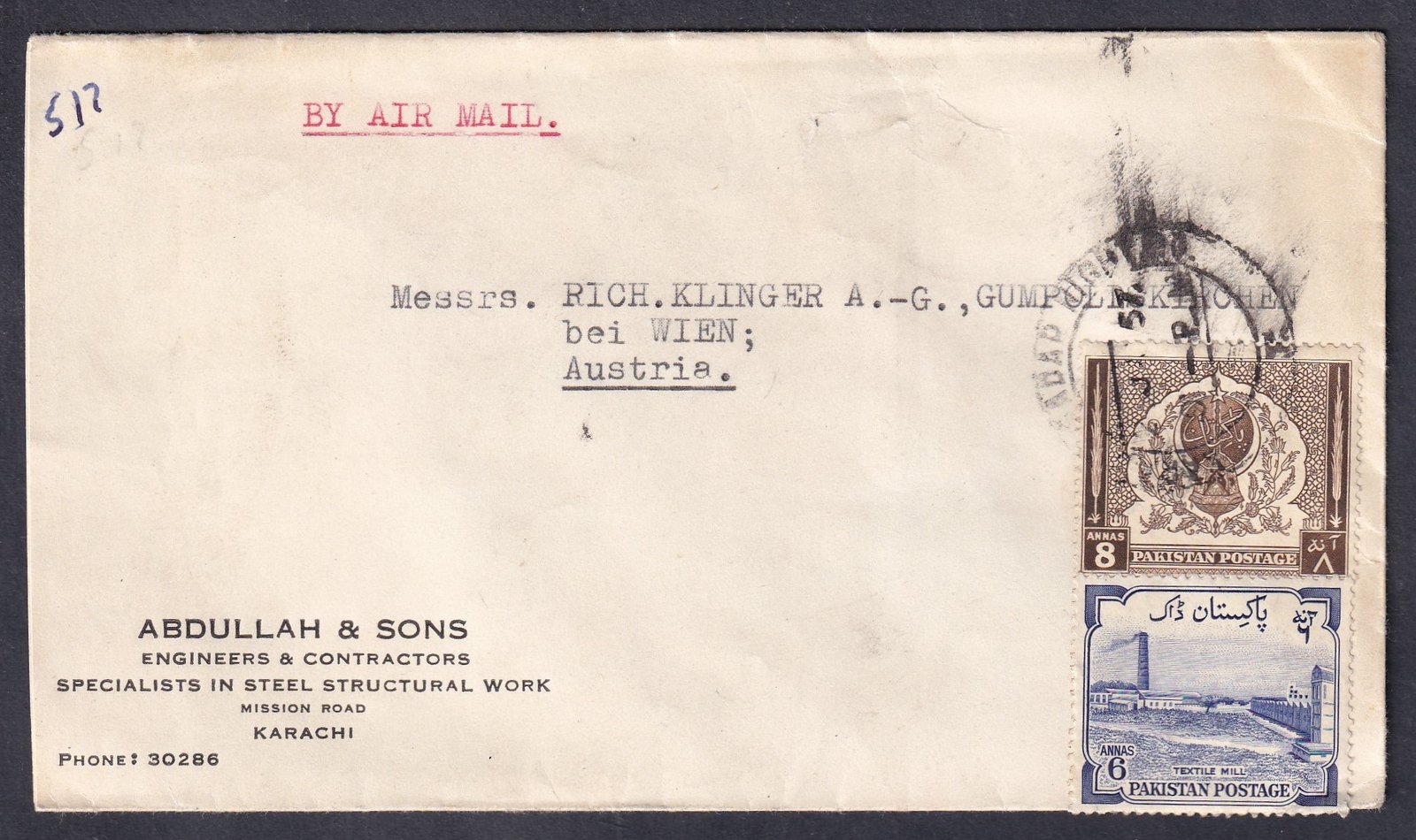 1957. Pakisztán, Bécsbe feladott légiposta levél - korai Pakisztáni légiposta céges küldemény