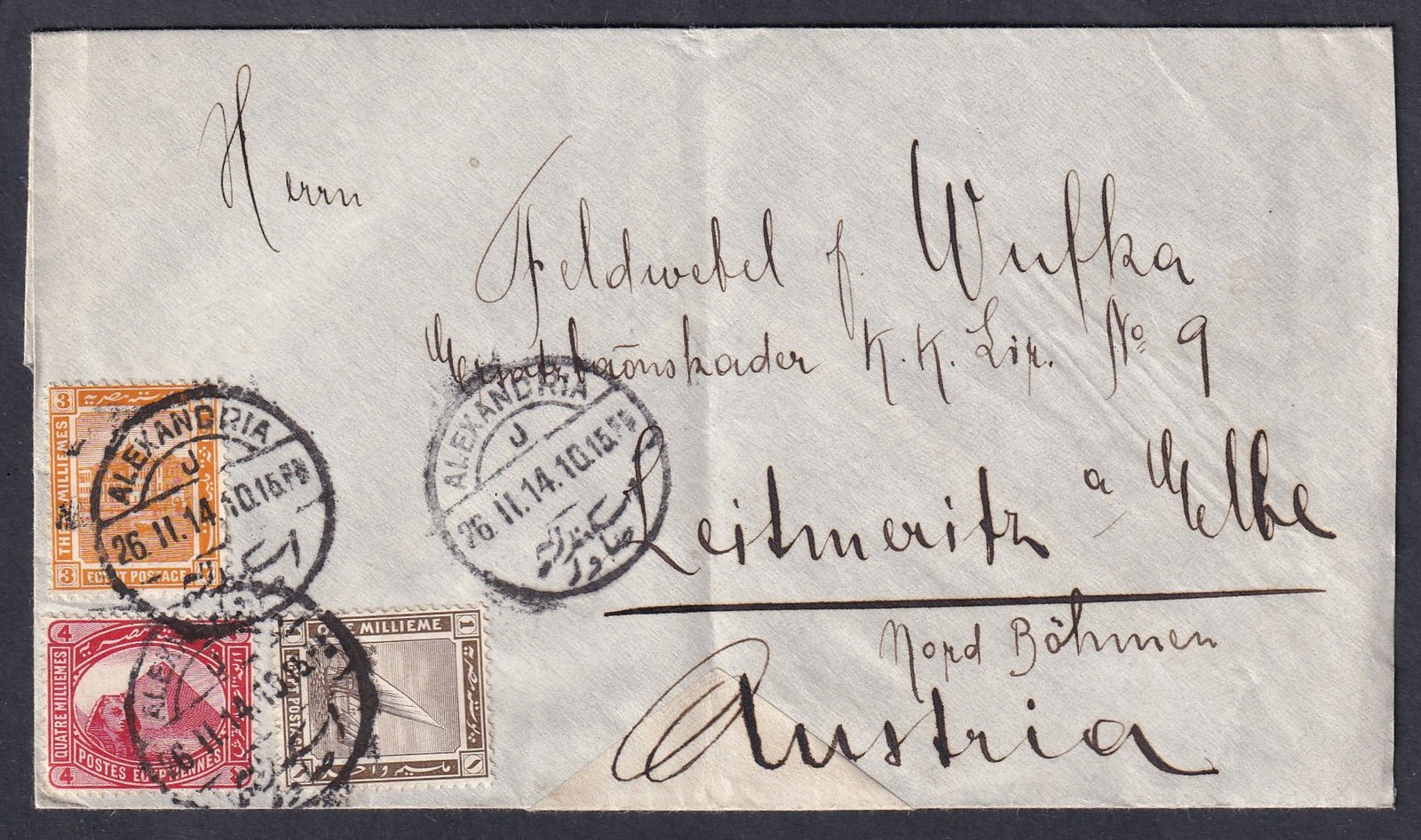 1914. Egyiptomból (Cairo) Leitmeritz an der Elbe, Nord-Böhmen (Ausztria–Magyarország) címzett levél a cs. és kir. légierő (k.u.k. Luftfahrtruppe) altisztjének