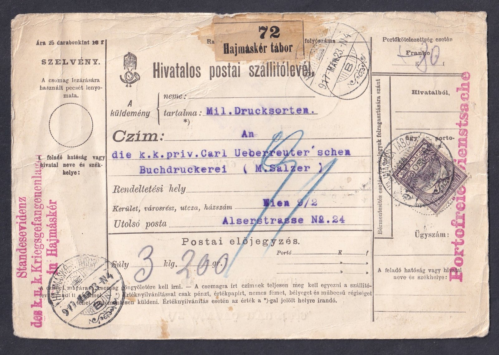 IMG_20260110_0029 1917. k.u.k. hadifogolytábor (Hajmáskér) nyomtatvány-küldemény szállítólevele - Nagyon ritka, mivel az ilyen iratokat tömegesen megsemmisítették!