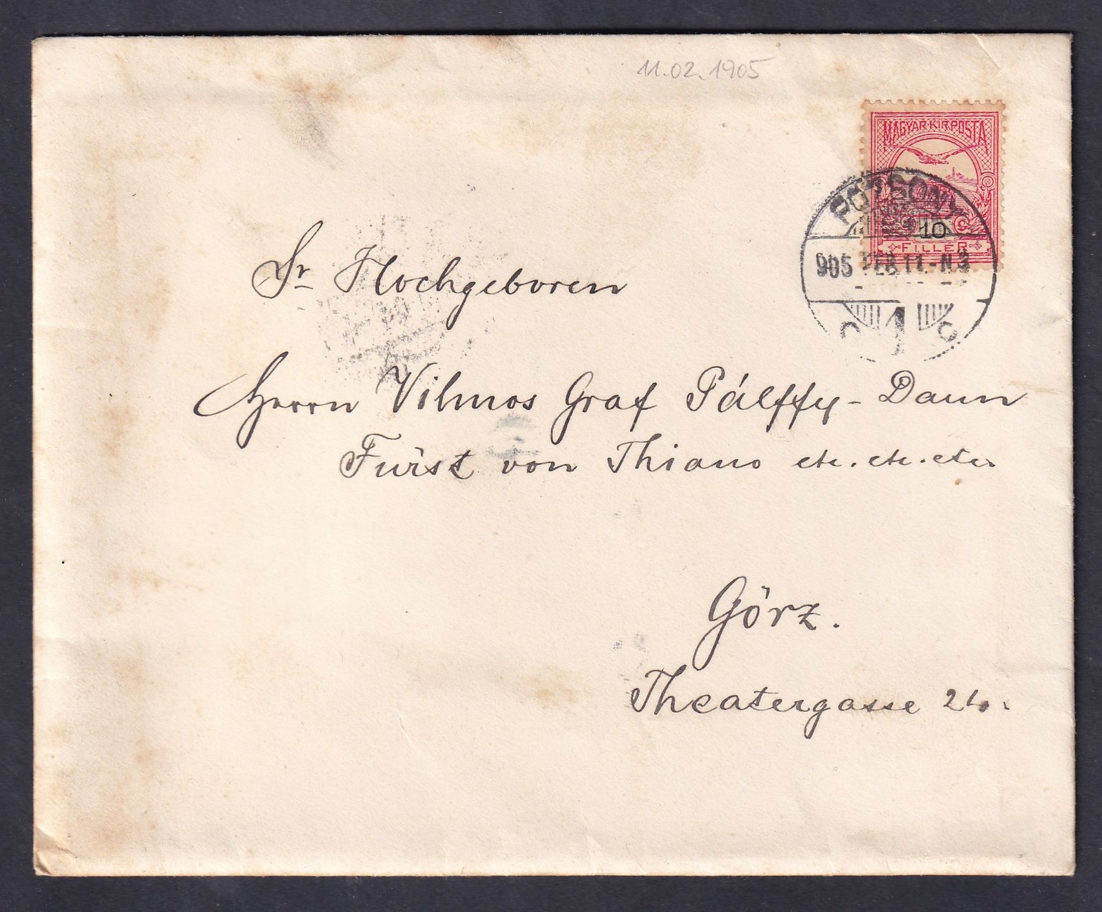 1905. Pozsony, Görz-be feladott levél – Erdődi gróf Pálffy-Daun Vilmos, teanói herceg és királyi kamarás stb.-nak – teljes tartalommal!