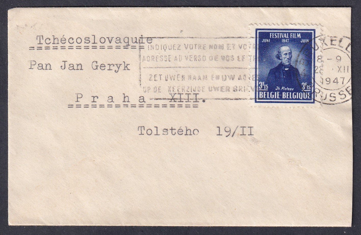 1947. Belgium, Csehszlovákiába reklámbélyegzéssel feladott levél