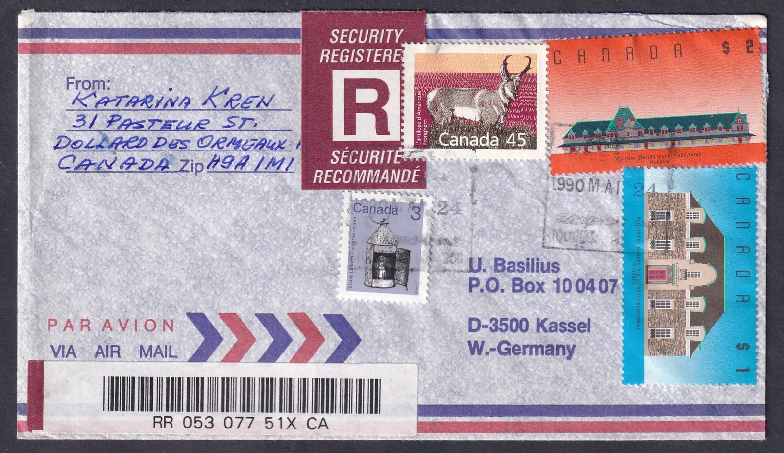 1990. Kanada, Németországba feladott ajánlott légiposta levél