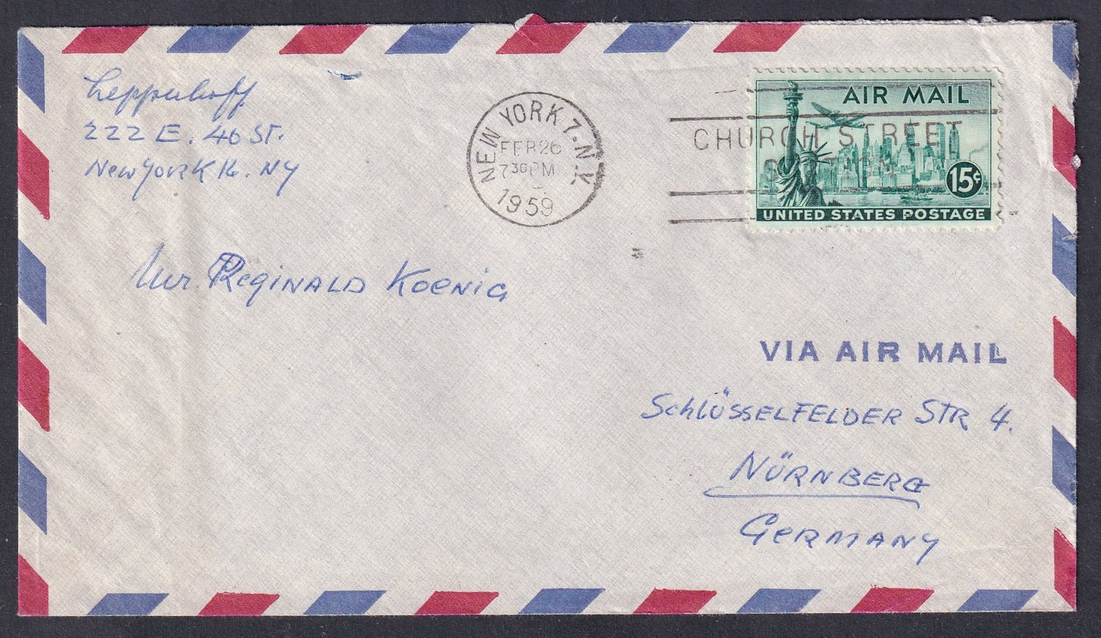 1959. USA, Németországba feladott légiposta levél