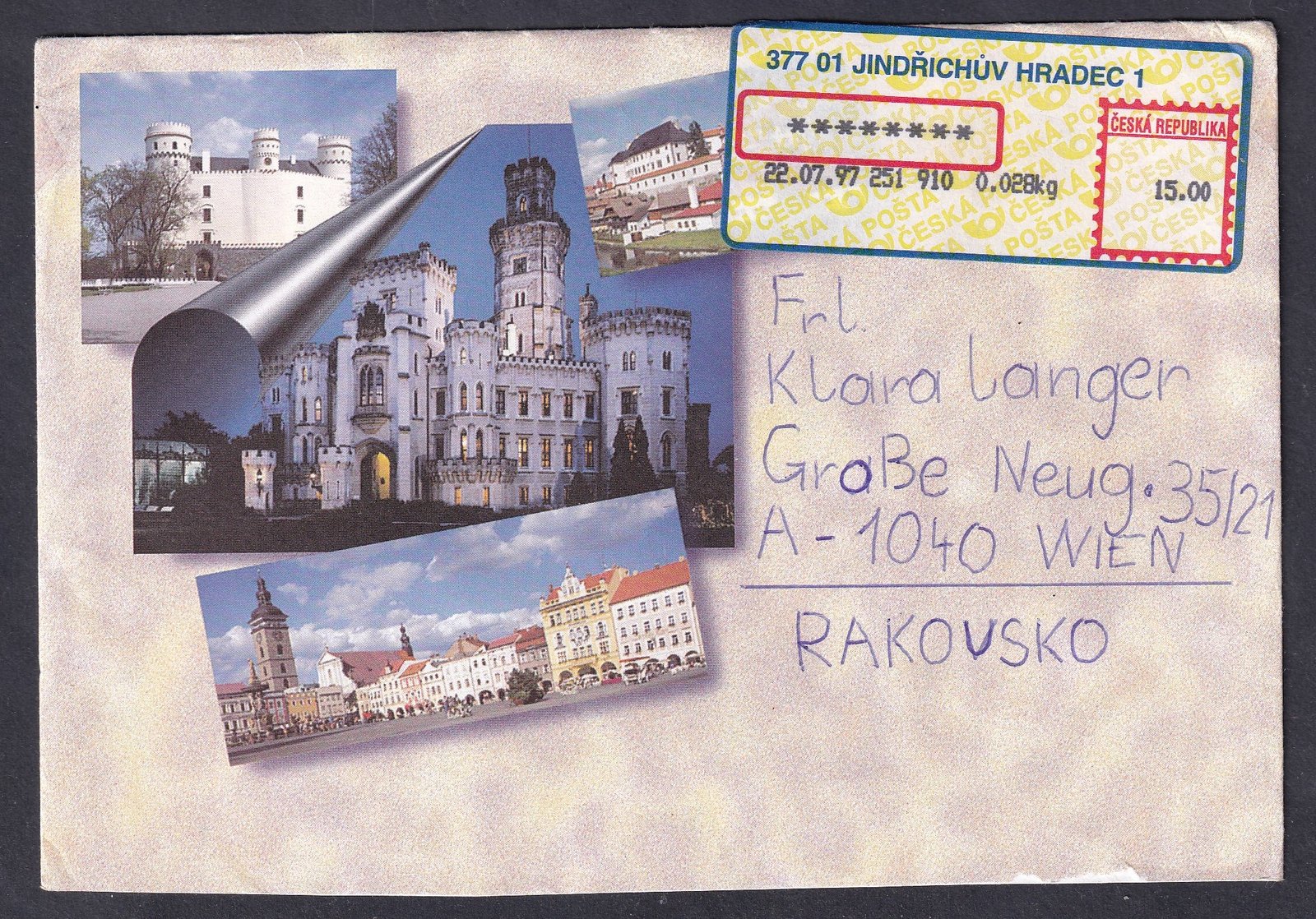 1997. Csehország, Ausztriába feladott képes-boríték (turista reklám)