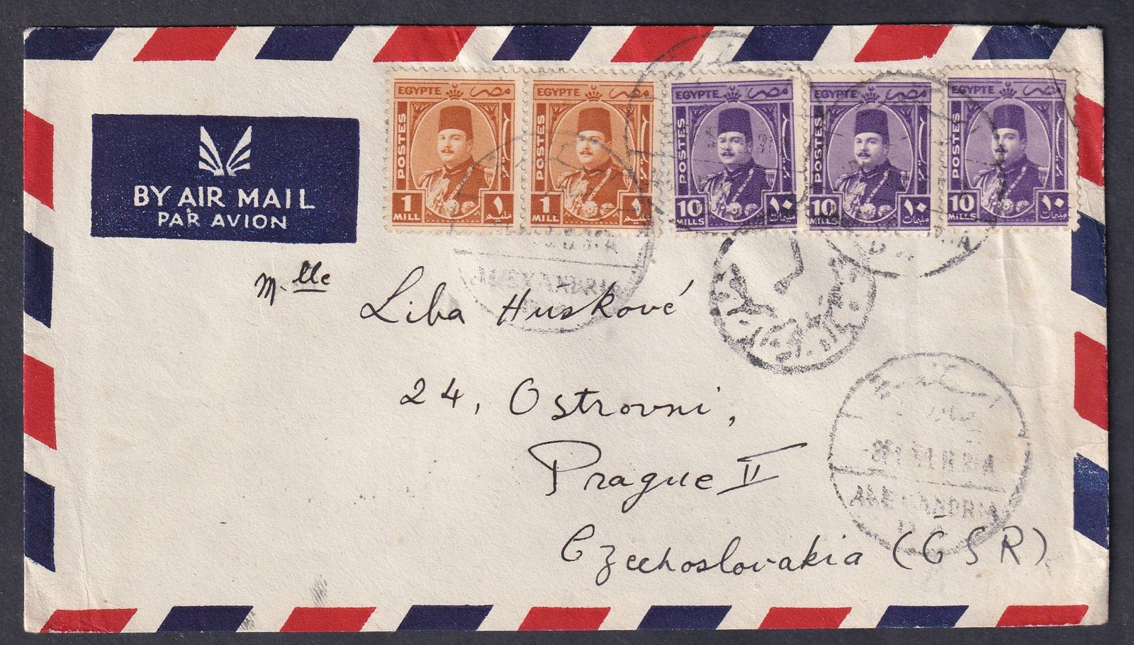 195? Egyiptom, Csehszlovákiába feladott légiposta levél