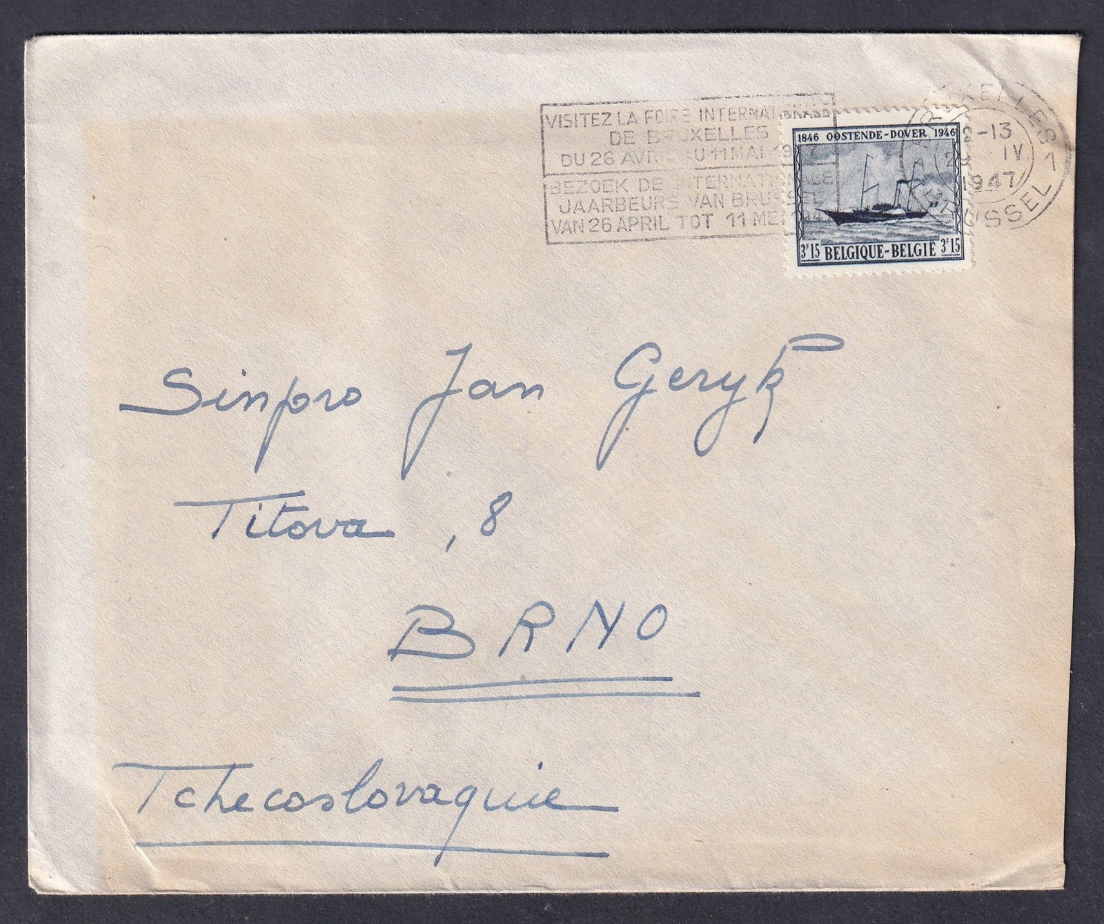 1947. Belgium, Csehszlovákiába feladott levél - "Brüsszeli Nemzetközi Vásár" alkalmi bélyegzéssel