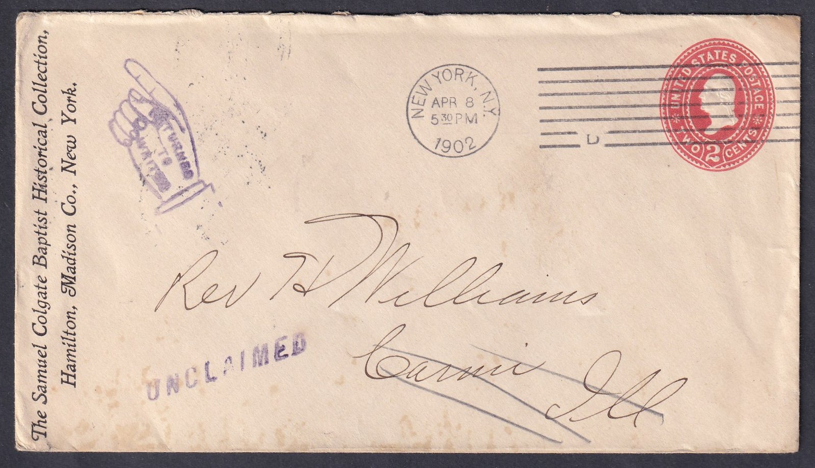 1902. New York, belföldre feladott díjjegyes boríték, vissza küldve
