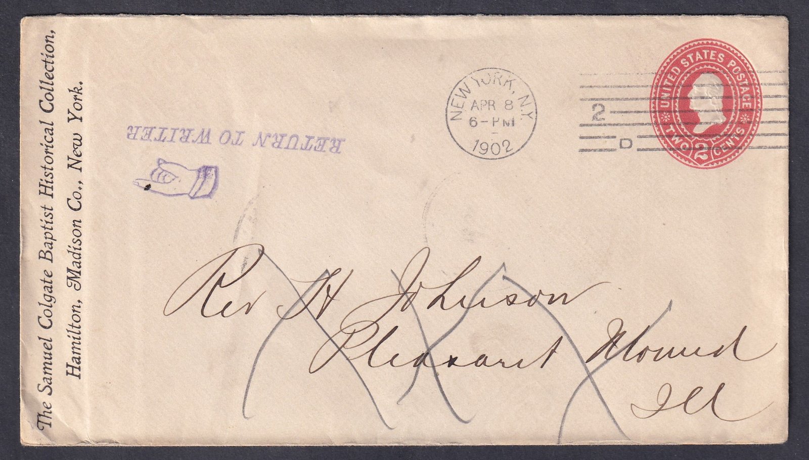 1902. USA, 2c díjjegyes boríték belföldi levélként feladava, vissza külddve