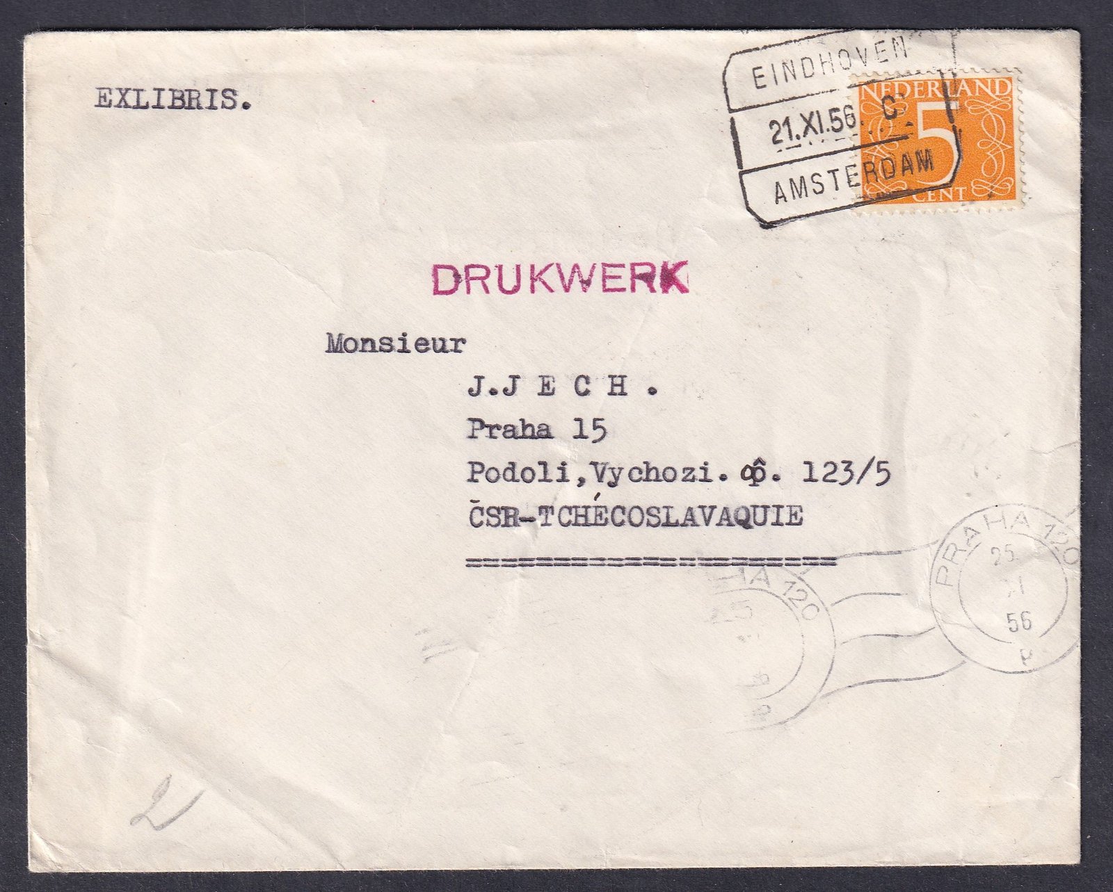 1956. Hollandiából Csehszlovákiába küldött nyomtatvány-boríték , „DRUKWERK” (piros bélyegző): hollandul nyomtatvány