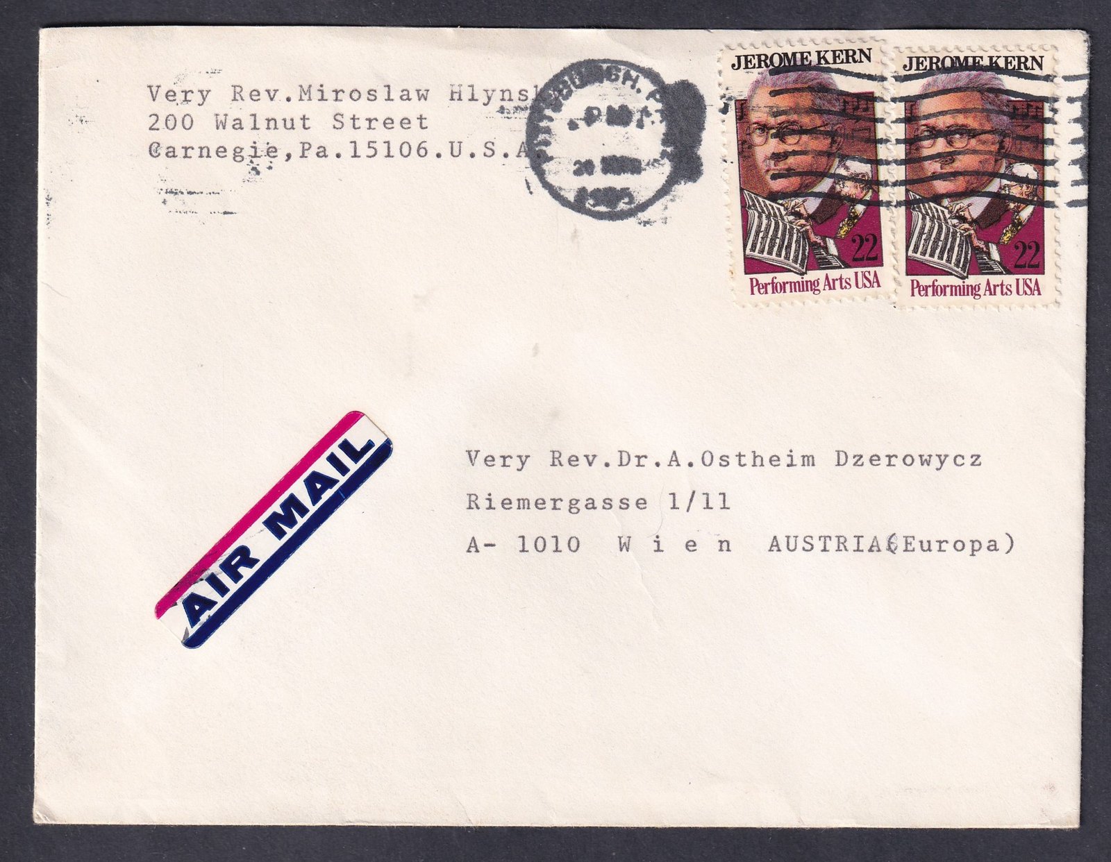 1985. USA, Ausztriába feladott légiposta levél - 2db Jerome Kern zeneszerző bélyeggel