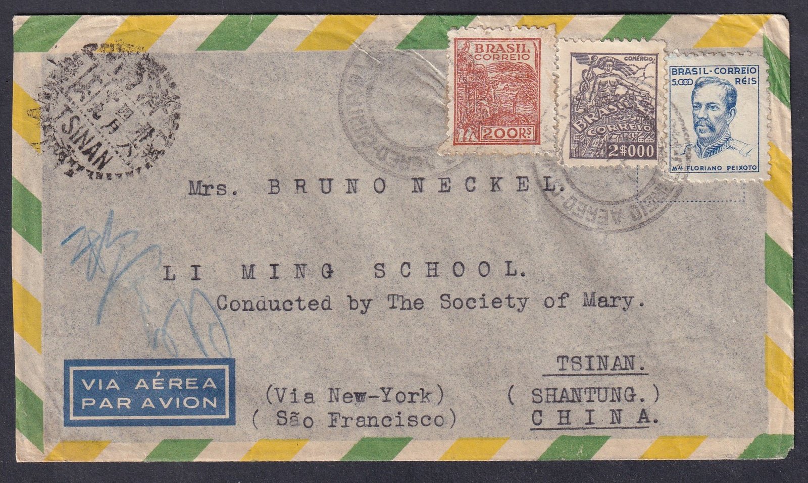 1935. Brazília, Kínába (Egyesült államokon keresztűl) feladott légiposta levél