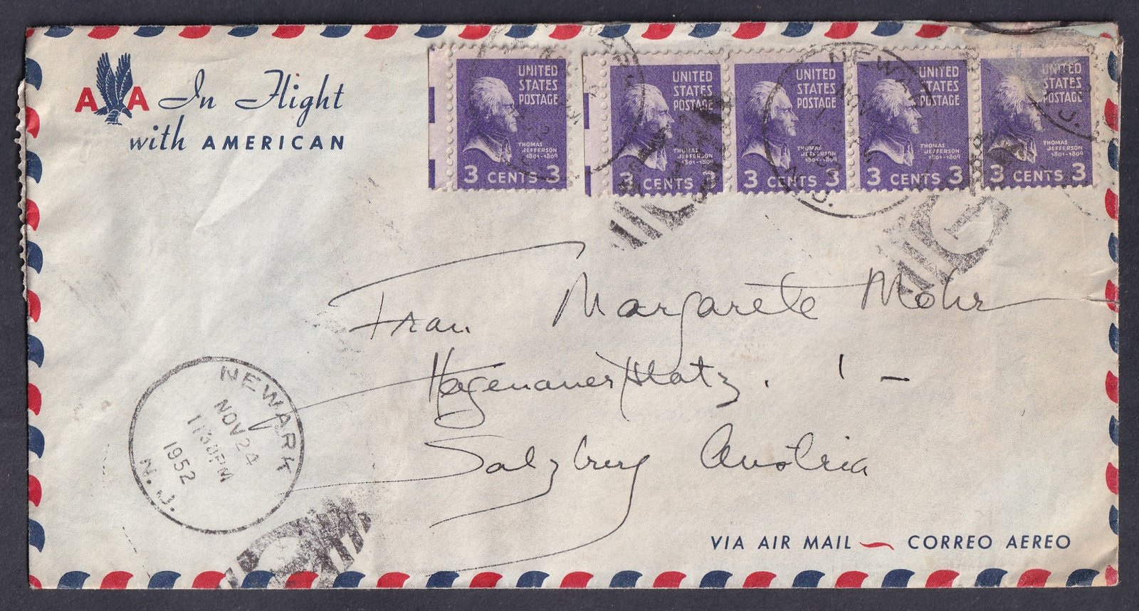 1952. USA, Ausztriába feladott cenzúrázott légiposta levél