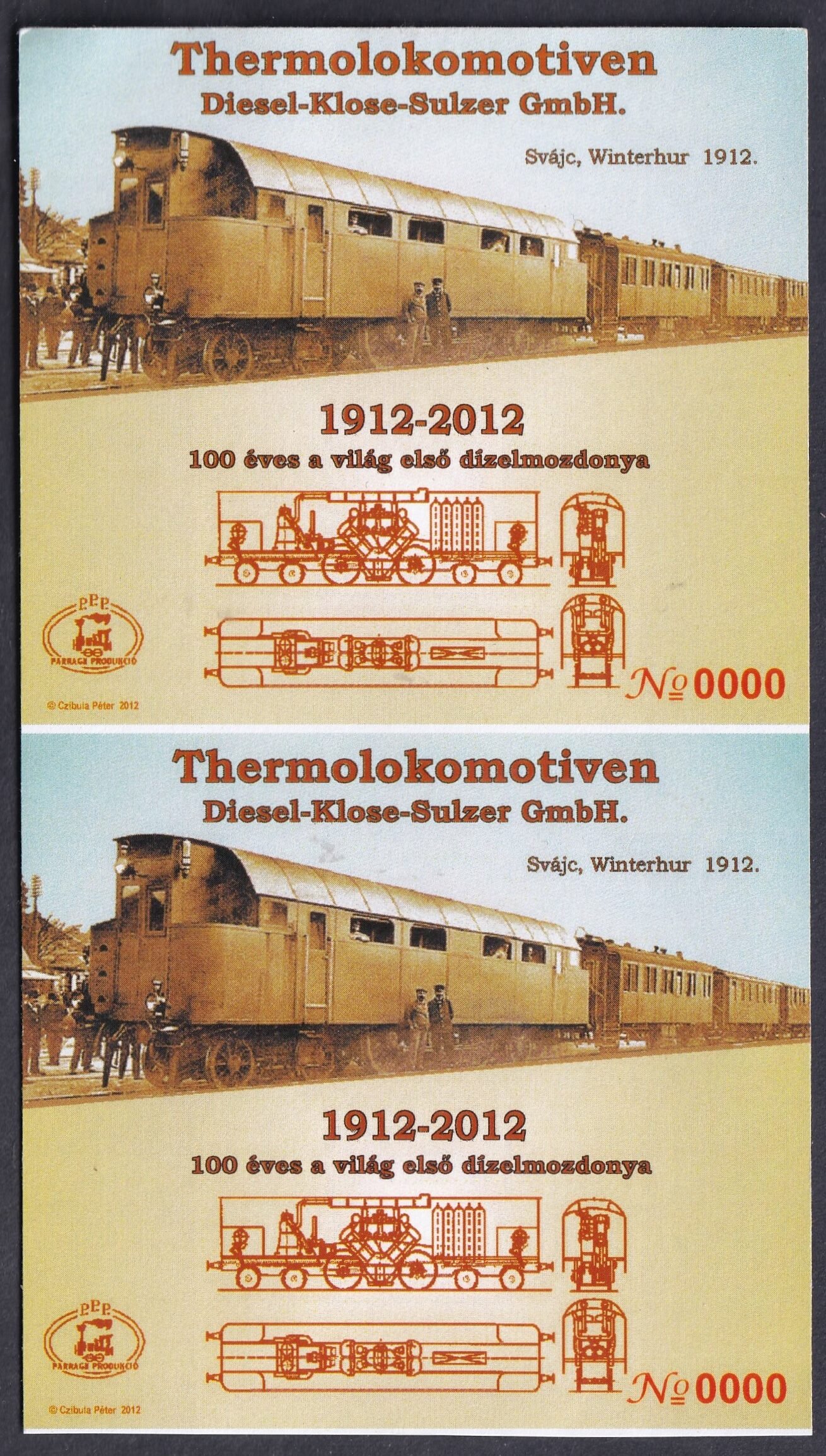 100 éves a világ első dízel mozdonya MINTA emlékív párban