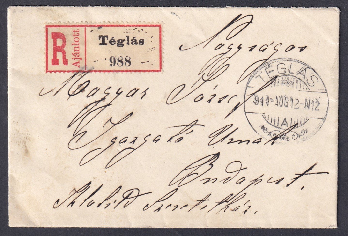IMG_20260119_0033 1911. Téglás, Budapestre feladott ajánlott levél
