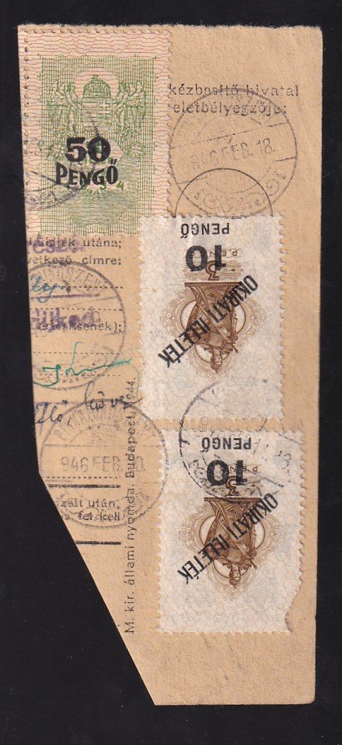 1946. febr. 18. (7. dsz.) csomagszállító levél szelvény, Okirati illeték illetékbélyeggel leróva (vegyes díjlerovás)