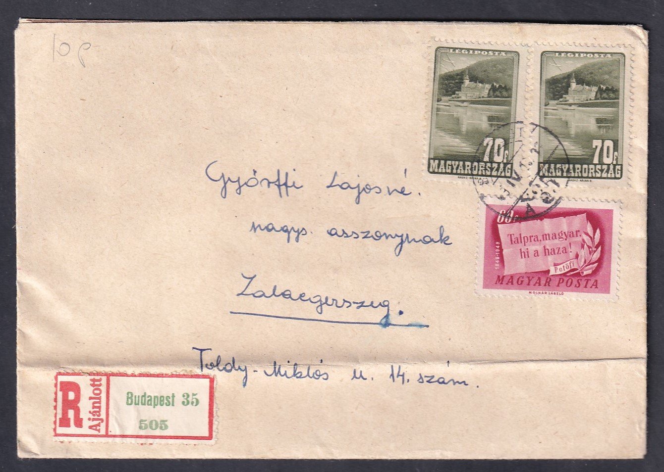 1949. Budapest, Zalaegerszegbe feladott ajánlott levél