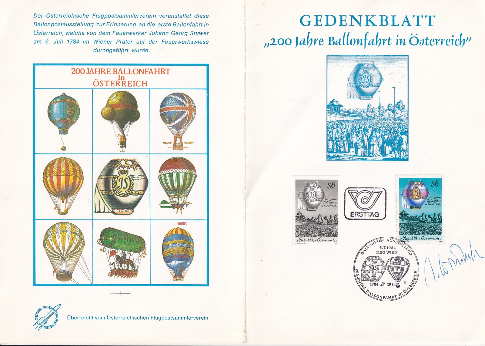 1984. Ausztria Ballonrepülés Emléklap - normál és feketenyomat bélyeggel