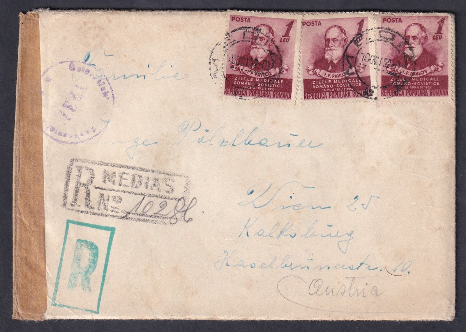 1952. Románia, Ausztriába feladott cenzúrázott ajánlott levél, teljes tartalommal