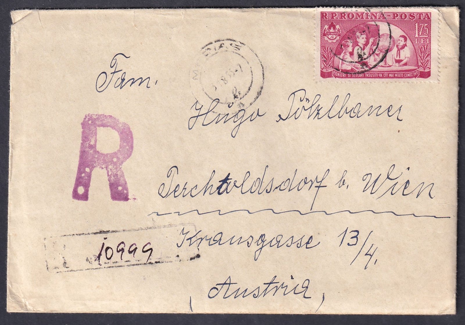 1955. Románia, Ausztriába feladott ajánlott levél, teljes tartalommal