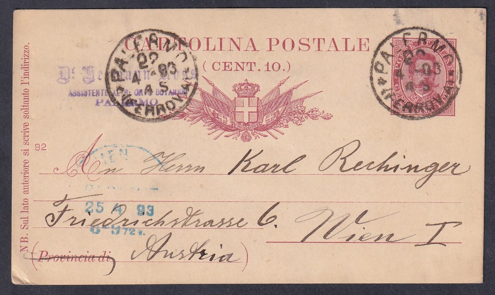 1893. Palermo (Szicília), Ausztriába feladott díjjegyes levelezőlap