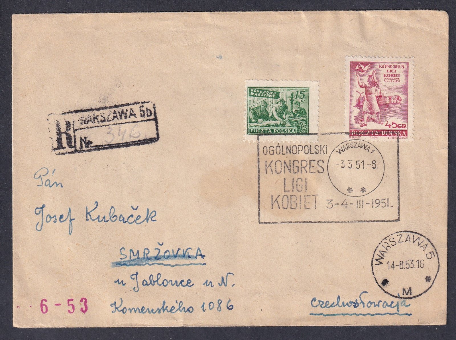 1951. Lengyelország, Csehszlovákiába "OGÓLNOPOLSKI KONGRES LIGI KOBIET" (Országos Női Liga kongresszus) alkalmi bélyegzéssel feladott ajánlott levél