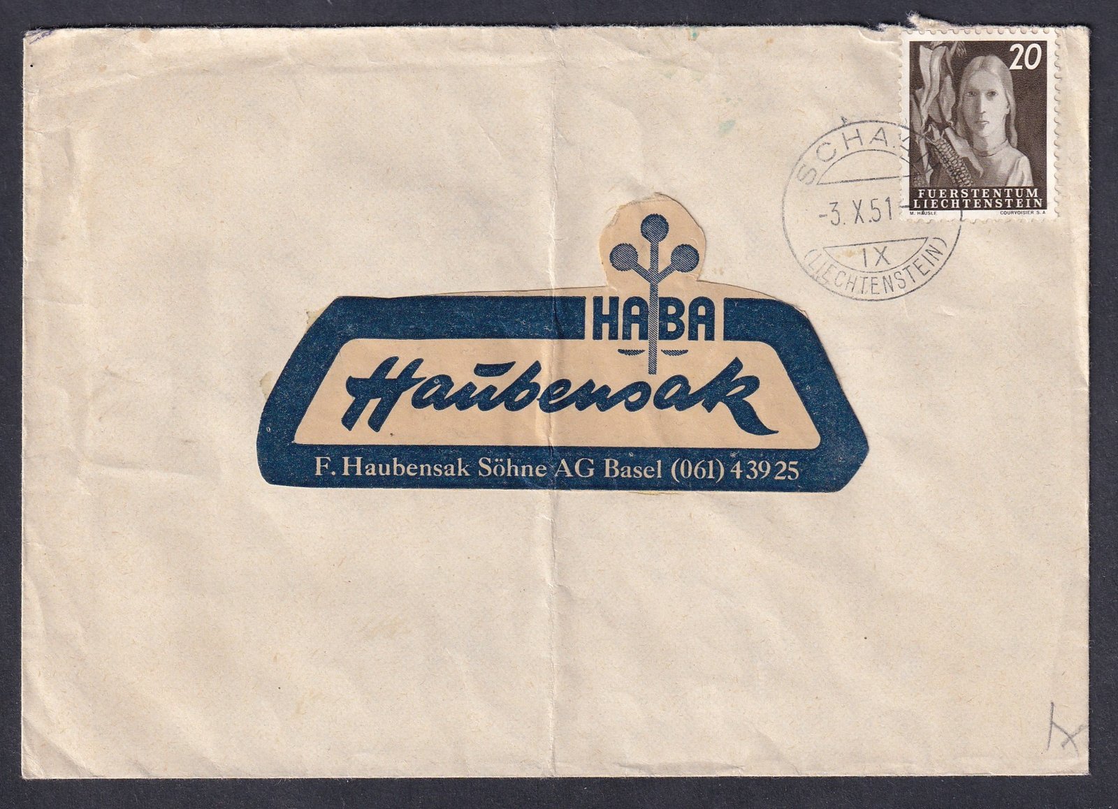 1951. Schaan (Liechtenstein), Svájcba feladott céges levél