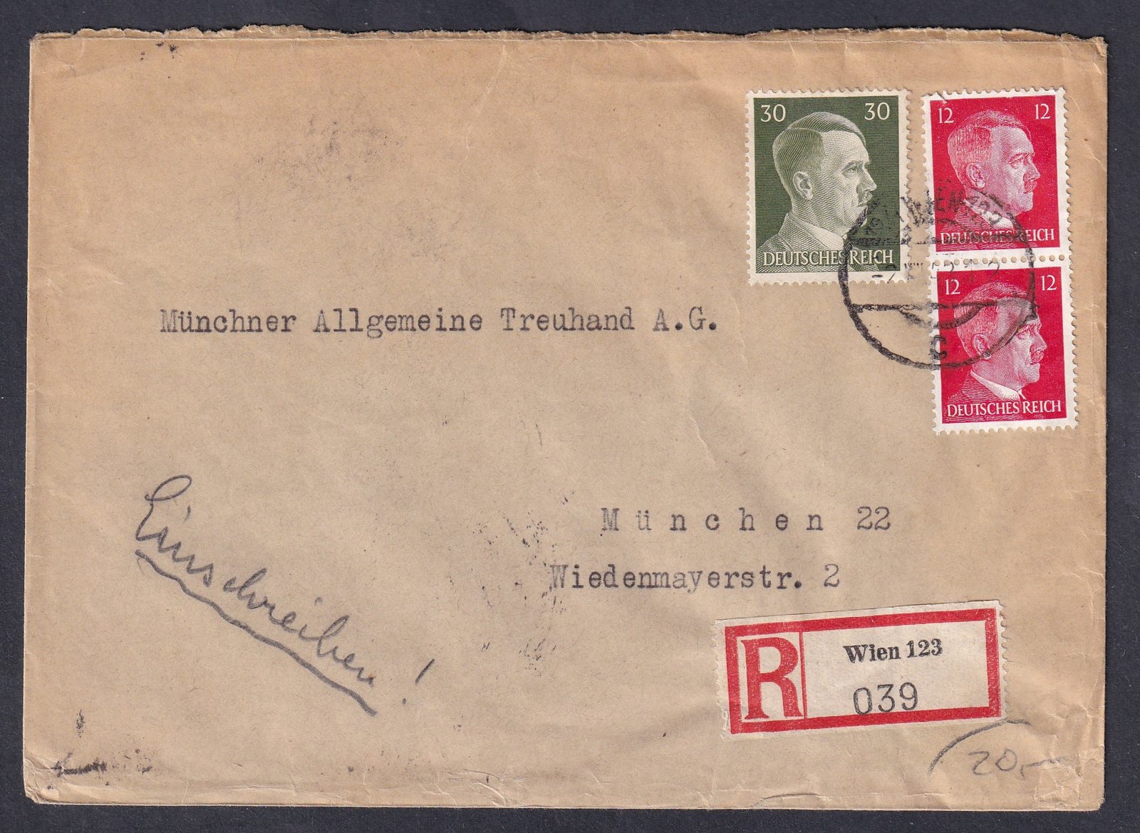 1943. (Harmadik Birodalom) - WIEN, Münchenbe feladott ajánlott levél