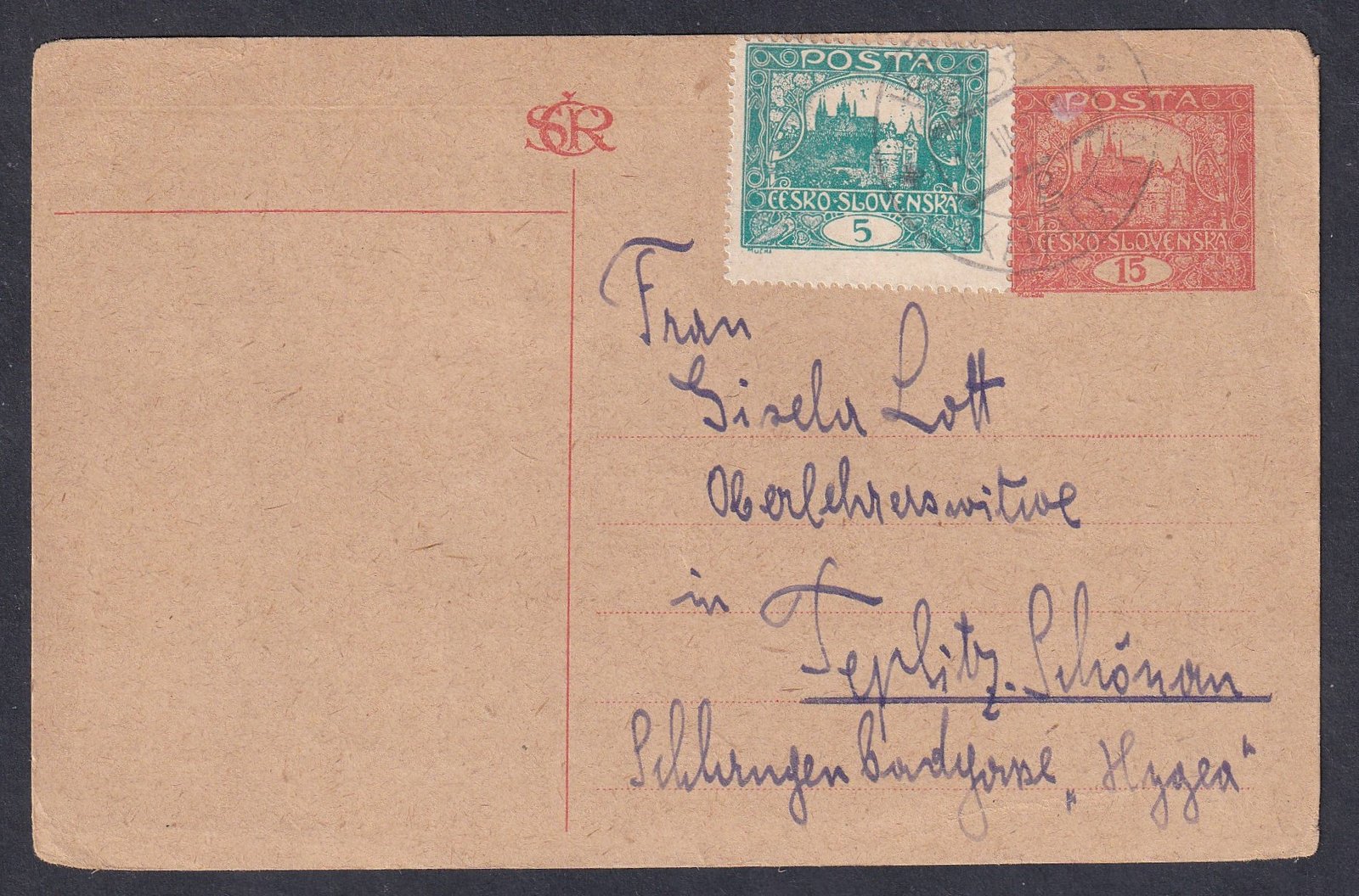 1920. Csehszlovákia, Kadaň, Teplitz-Schönau-ba feladott díjkiegészített levelezőlap