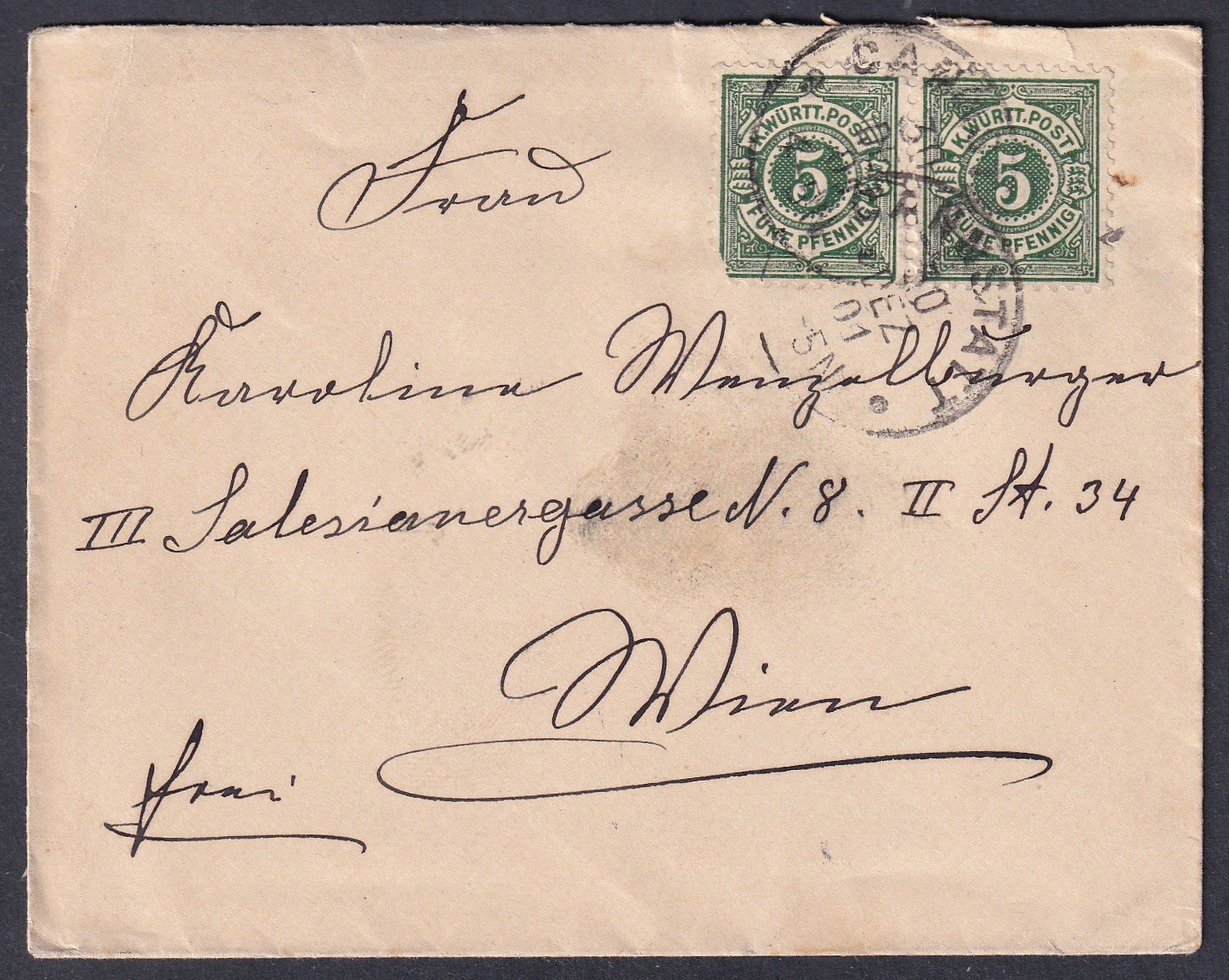 1901. 2x5 pf Württemberg - bélyegekkel feladott levél Bécsbe