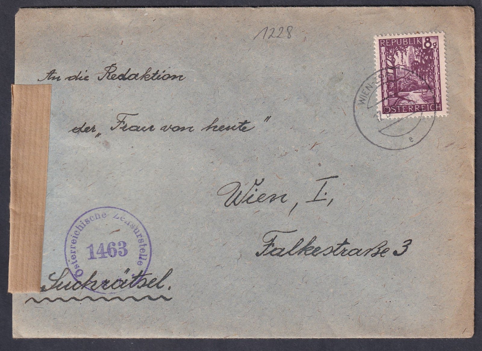 1918. Ausztria, Bécsben feladott helyi cenzúrázott levél