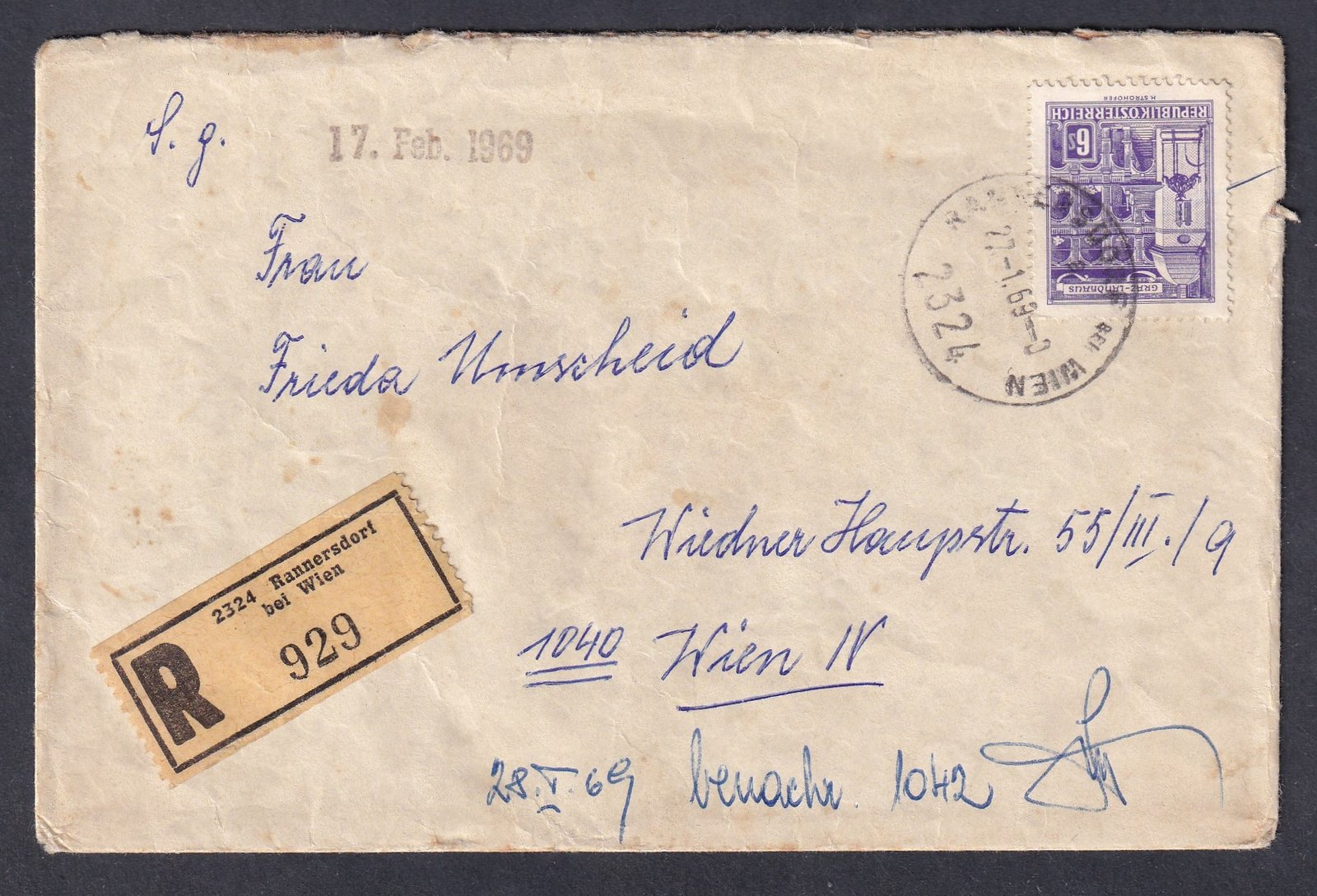 1969. Ausztria, Bécsben feladott helyi ajánlott levél
