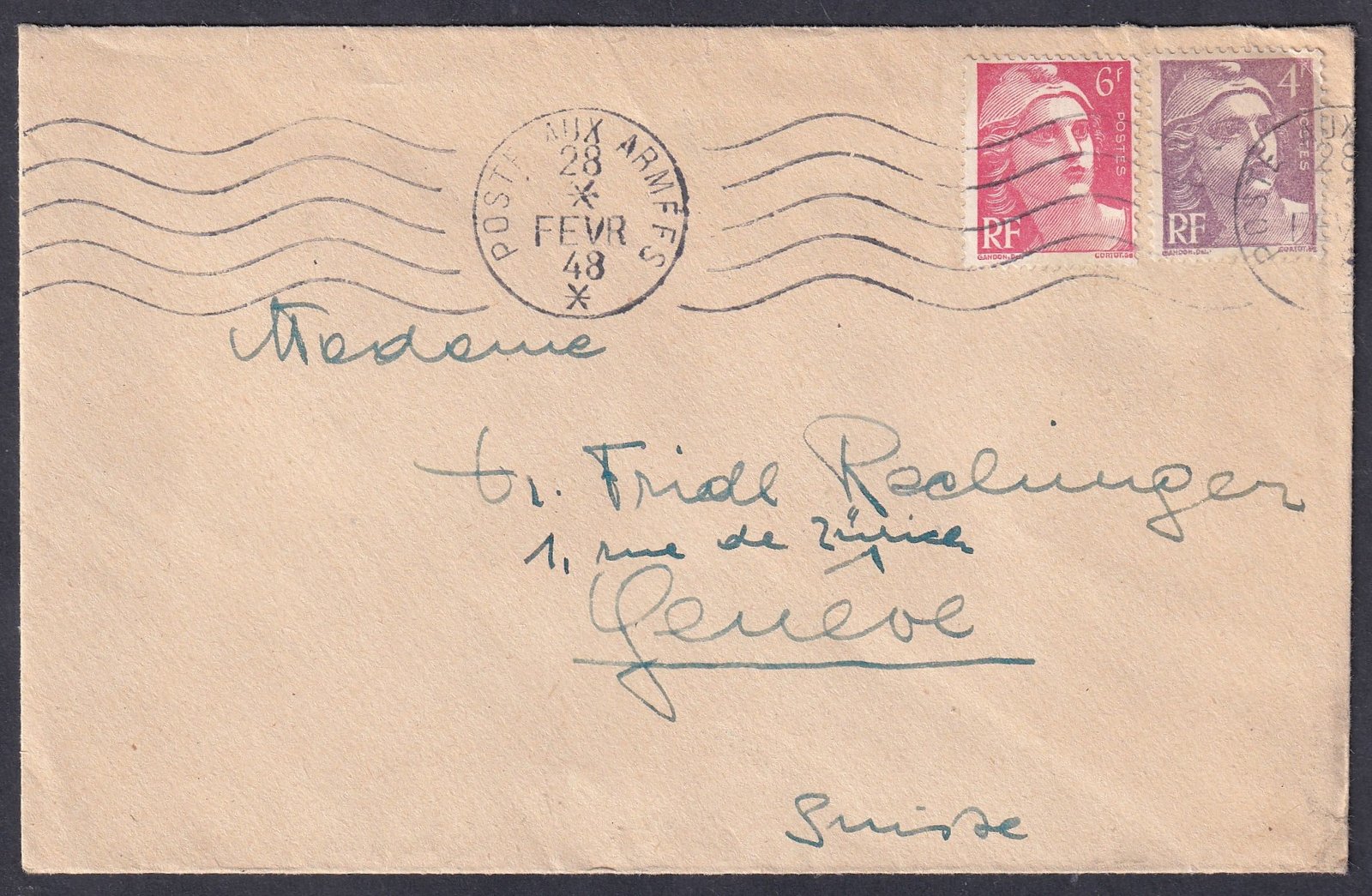1948. Franciaország, „POSTAUX ARMÉES” = „katonai posta” Svájcba, feladott levél