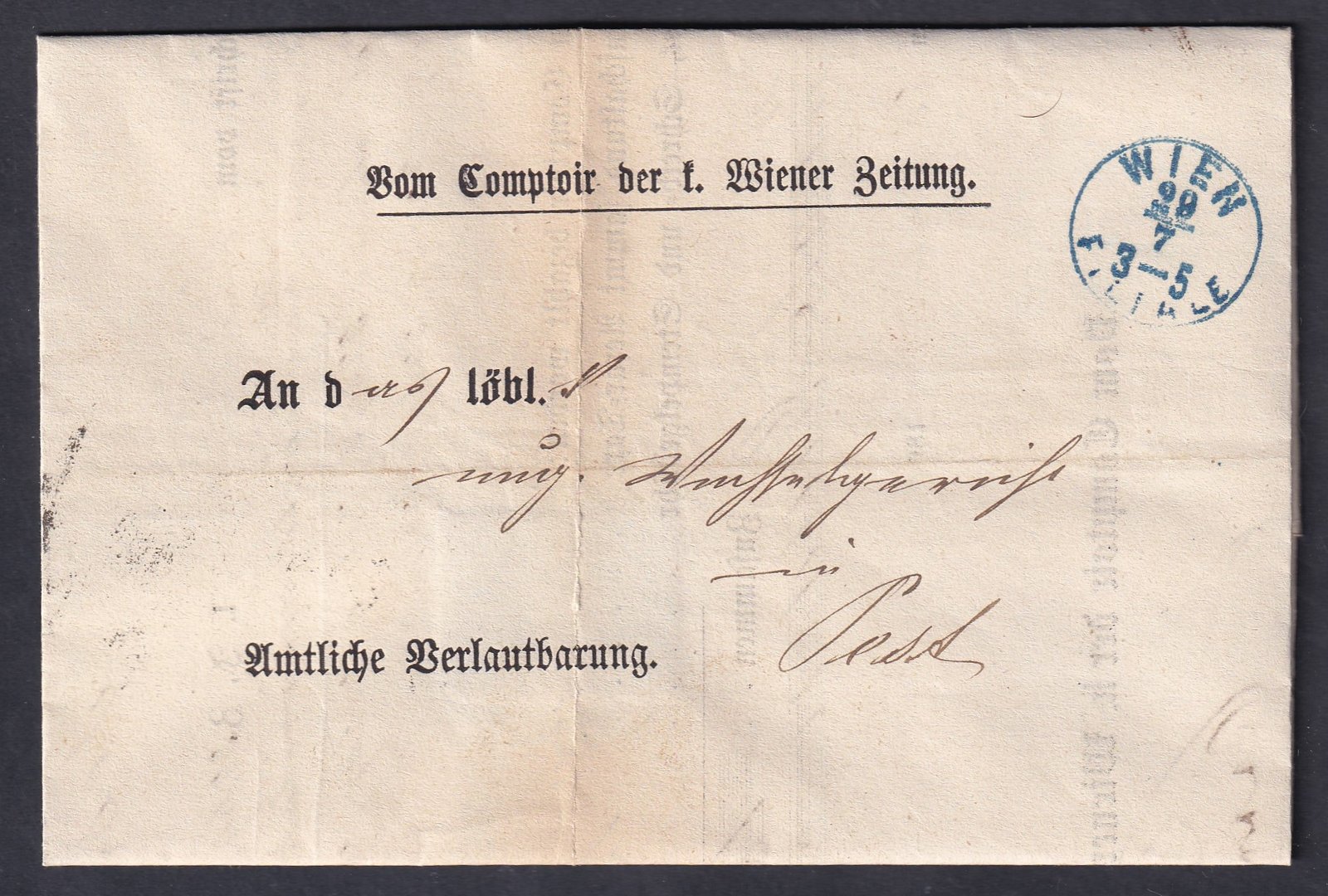 IMG_20260121_0002 1869. Bécs (kék színű bélyegzéssel) Pestre feladott ex offo levél, a levélben törvénykezési illetékkel