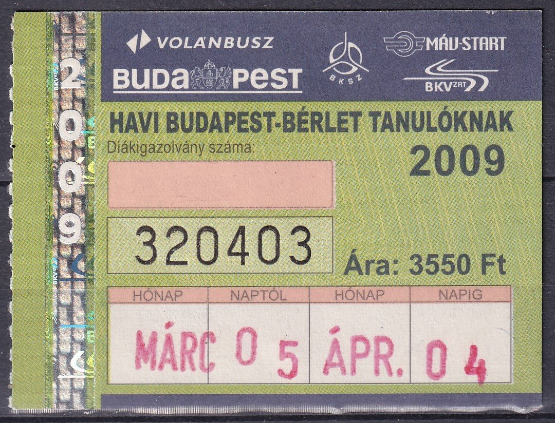 2009. Havi Budapest-bérlet Tanulóknak