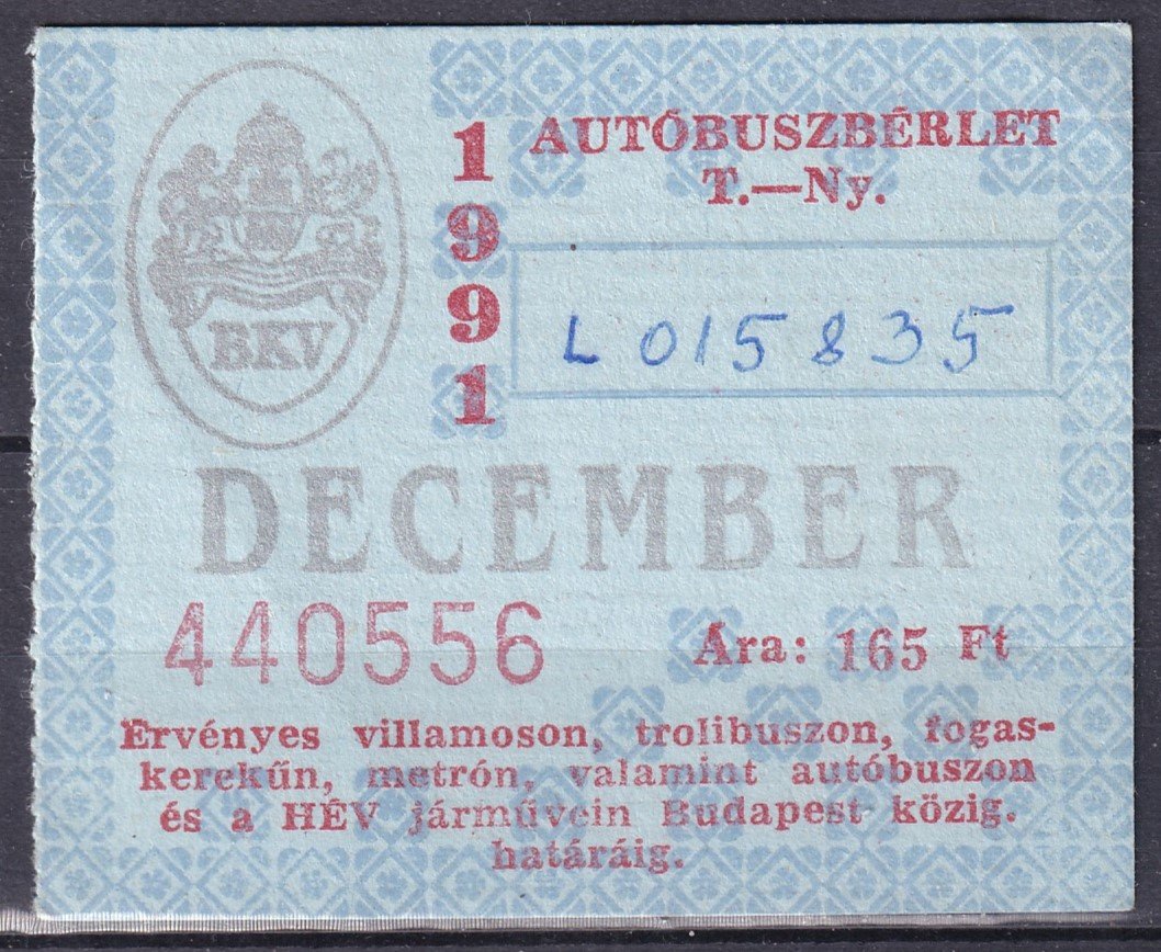 1991. Budapest, Autóbusz (T.Ny) bérlet – December