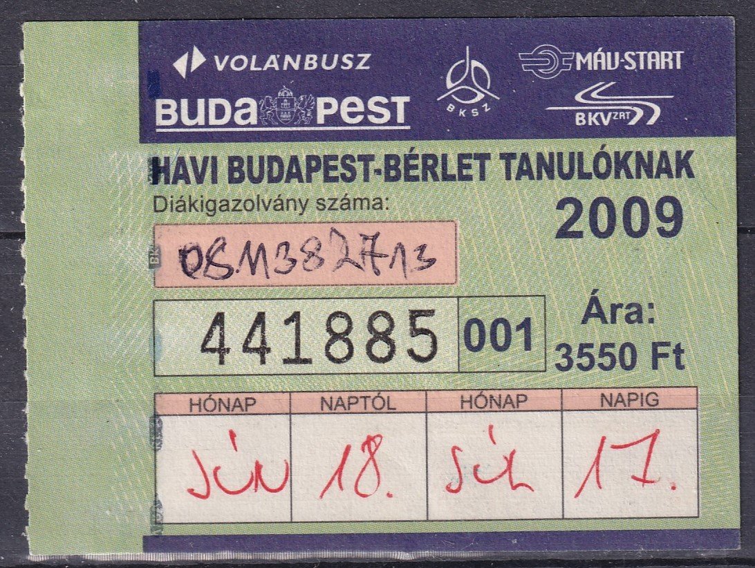 2009. Havi Budapest-bérlet Tanulóknak