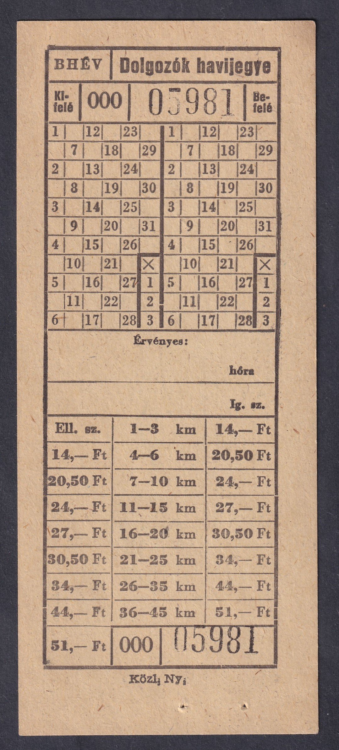 BHÉV, (használatlan) Dolgozók Általános Hetijegye