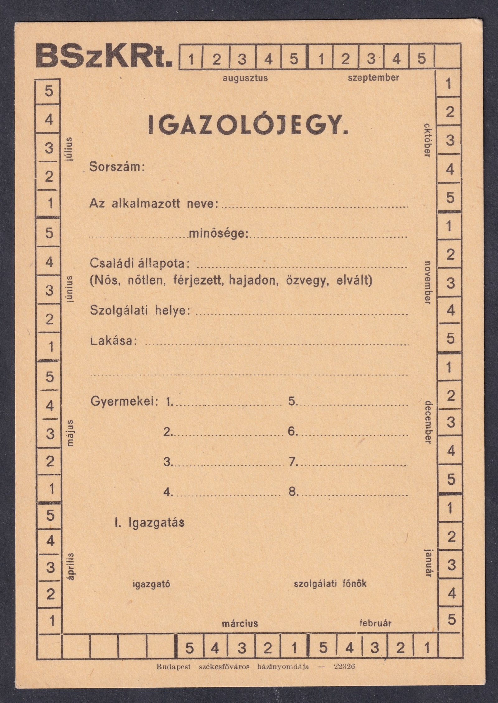 (?1943-1944) BSzKRt. Igazolójegy