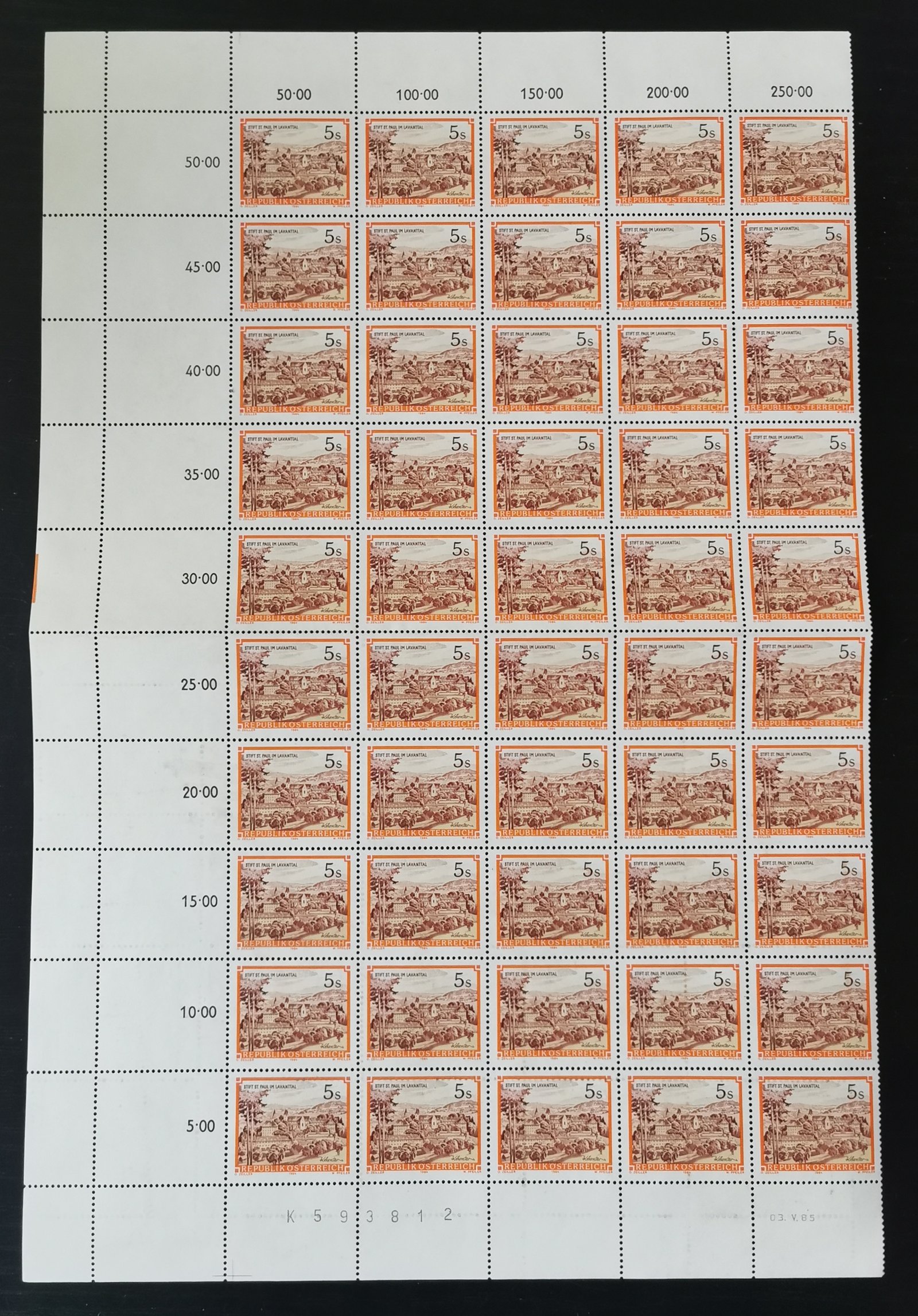 1984. Ausztria, 5 Shilling 40 db-os ívrészlet üresmezővel