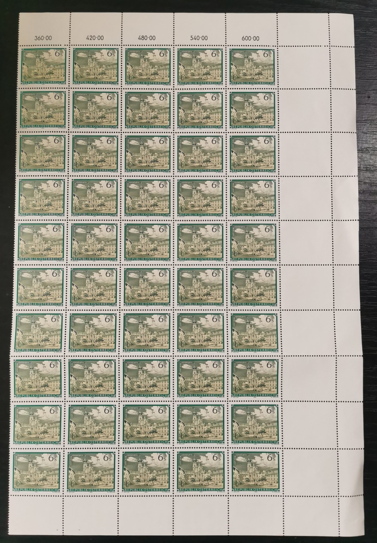 1982. Ausztria, 6 Shilling 40 db-os ívrészlet üresmezővel