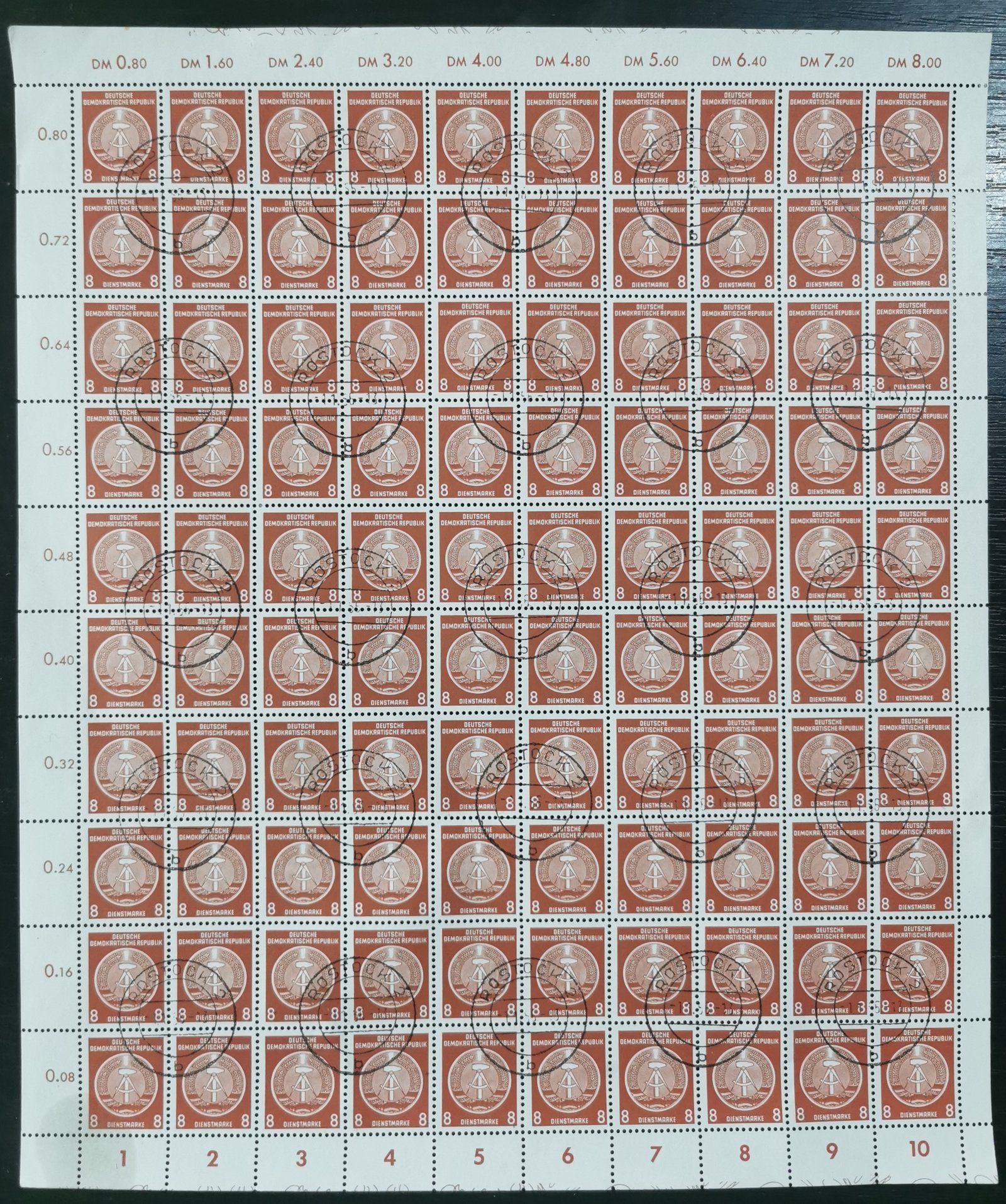 1950. NDK 8pfn Hívatalos bélyeg teljes ív bélyegezve