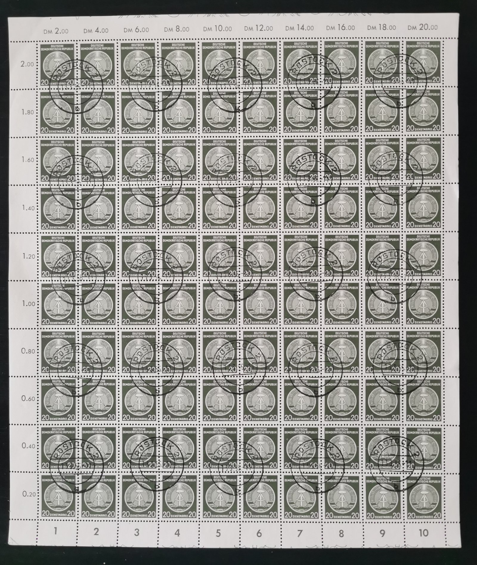 1950. NDK 20pfn Hívatalos bélyeg teljes ív bélyegezve